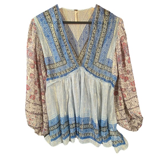 Free People Medium Top Flowy Aliya Long Slv Print Blue Metallic Gold Boho Hippie - Picture 4 of 16